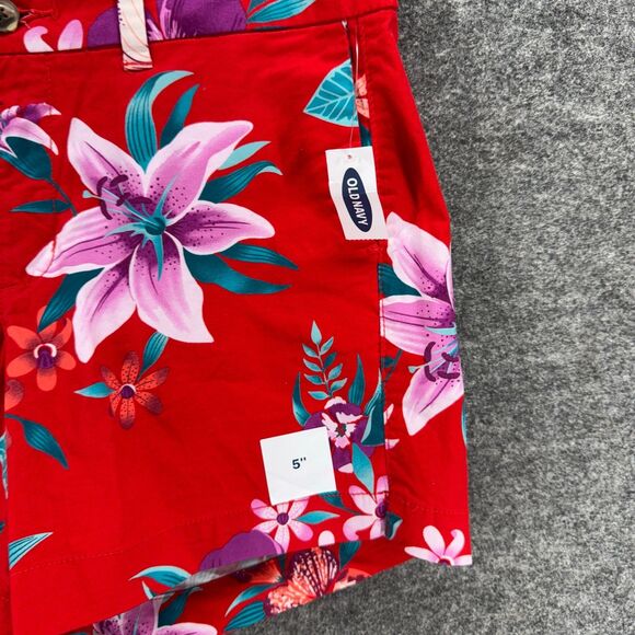 New Old Navy Shorts Women 8 Red Floral Mid Rise Chino Everyday Short Pockets - Picture 3 of 7